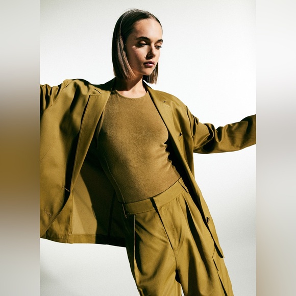 Tibi Tops - Tibi Summer Terry Crewneck Racerback Bodysuit in Cumin